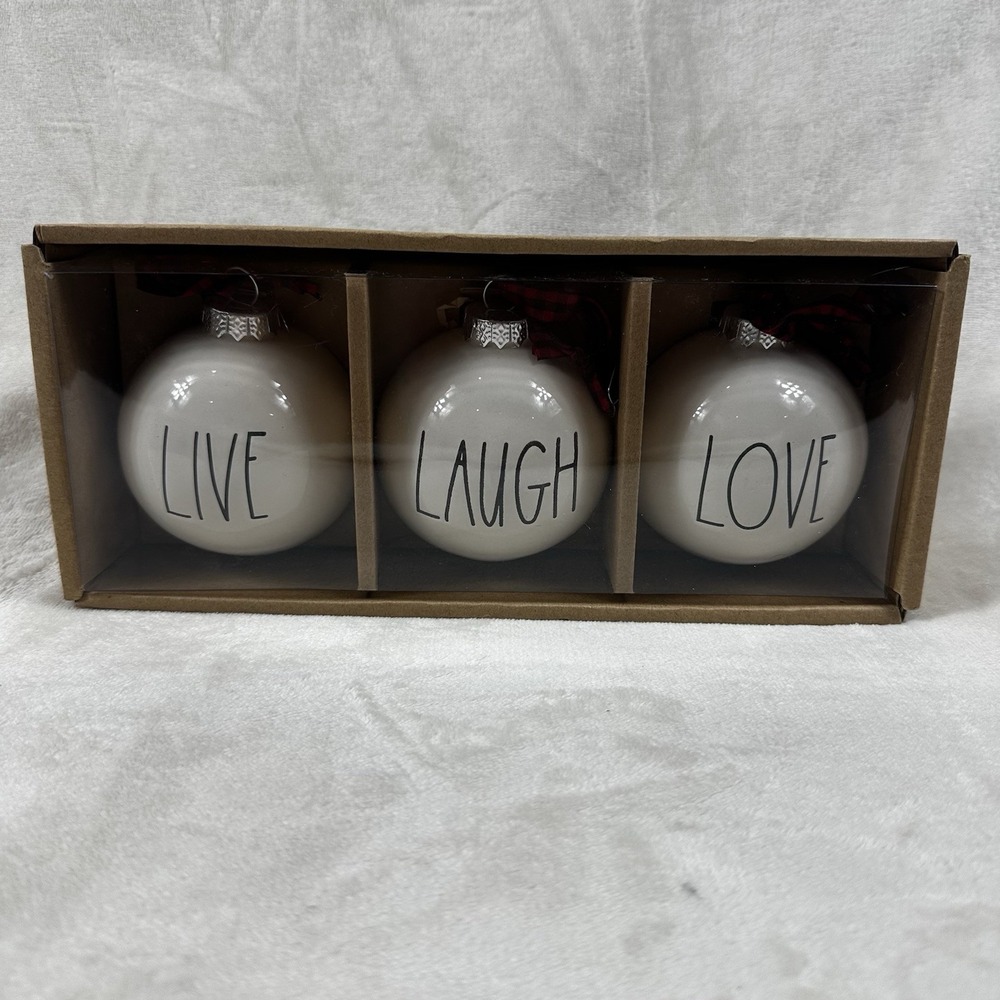 RAE DUNN Christmas Holiday Ornaments Cream Ceramic Balls Live Laugh Love